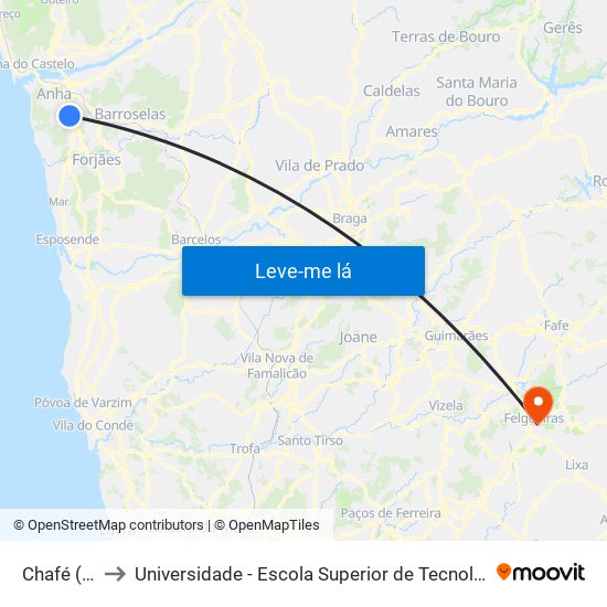 Chafé (Roteia) to Universidade - Escola Superior de Tecnologia e Gestão de Felgueiras map