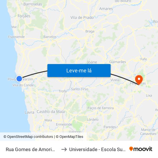 Rua Gomes de Amorim | Esc. Rocha Peixoto (Póvoa de Varzim) to Universidade - Escola Superior de Tecnologia e Gestão de Felgueiras map