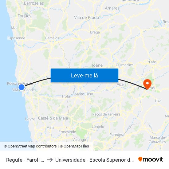 Regufe - Farol | São Brás (Metro) to Universidade - Escola Superior de Tecnologia e Gestão de Felgueiras map