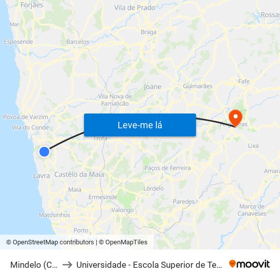 Mindelo (Cruzamento) to Universidade - Escola Superior de Tecnologia e Gestão de Felgueiras map