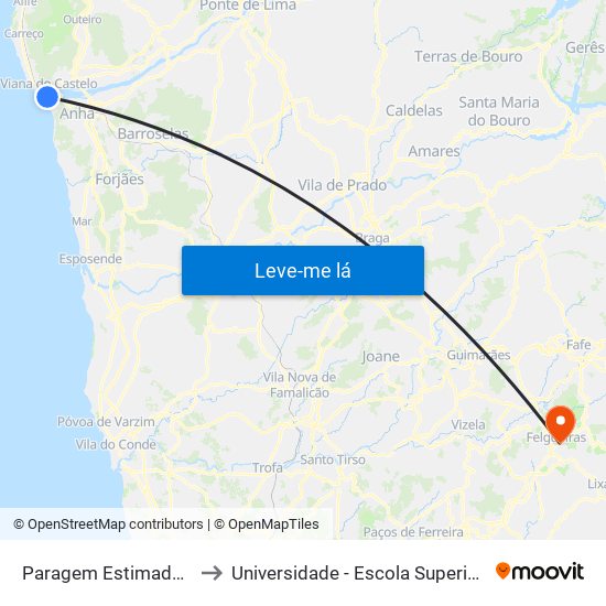 Paragem Estimada - Rua Alves Cerqueira, 500 to Universidade - Escola Superior de Tecnologia e Gestão de Felgueiras map