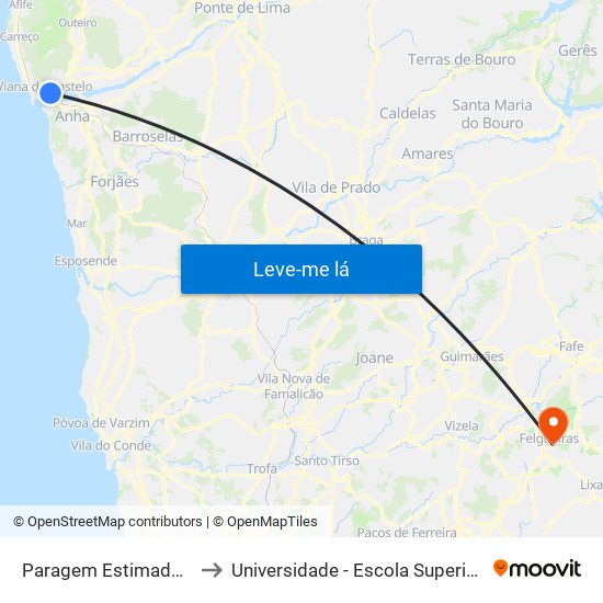 Paragem Estimada - Avenida Rocha Paris, 480 to Universidade - Escola Superior de Tecnologia e Gestão de Felgueiras map