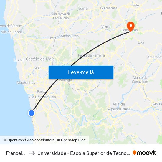 Francelos-Praia to Universidade - Escola Superior de Tecnologia e Gestão de Felgueiras map