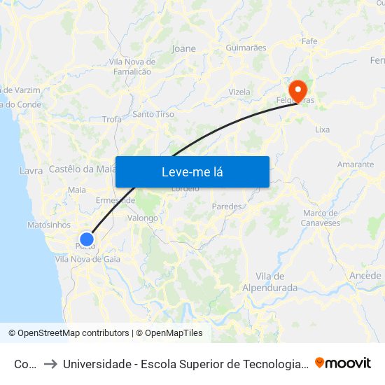 Covelo to Universidade - Escola Superior de Tecnologia e Gestão de Felgueiras map