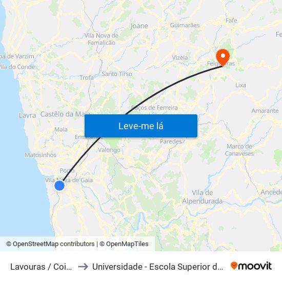 Lavouras / Coimbrões (Rotunda) to Universidade - Escola Superior de Tecnologia e Gestão de Felgueiras map