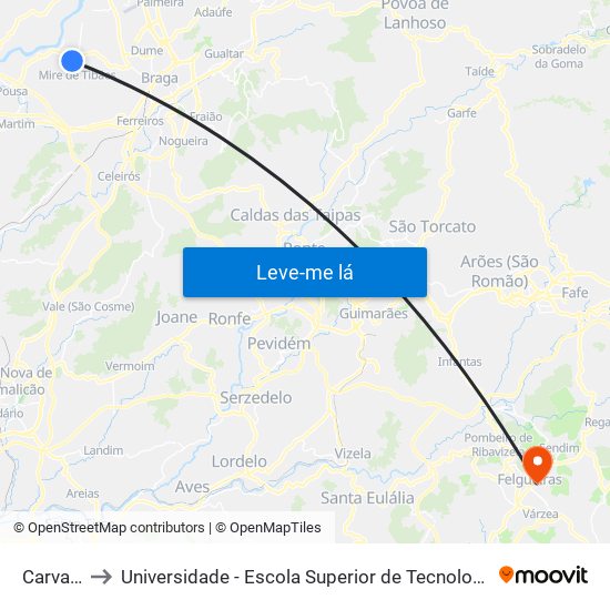 Carvalhos I to Universidade - Escola Superior de Tecnologia e Gestão de Felgueiras map