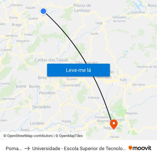 Pomarelho I to Universidade - Escola Superior de Tecnologia e Gestão de Felgueiras map