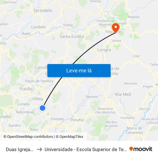 Duas Igrejas (Lameiras) to Universidade - Escola Superior de Tecnologia e Gestão de Felgueiras map