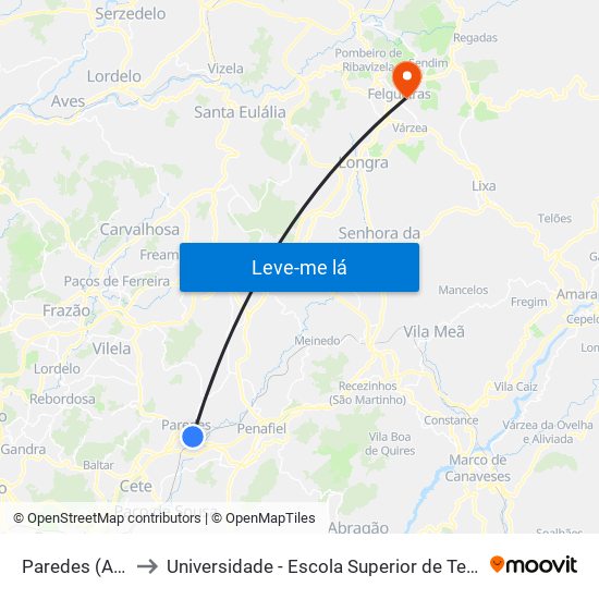 Paredes (Av.República) to Universidade - Escola Superior de Tecnologia e Gestão de Felgueiras map