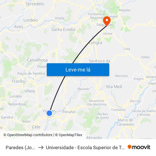 Paredes (José Guilherme) to Universidade - Escola Superior de Tecnologia e Gestão de Felgueiras map