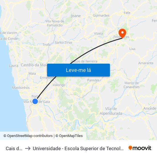 Cais de Gaia to Universidade - Escola Superior de Tecnologia e Gestão de Felgueiras map