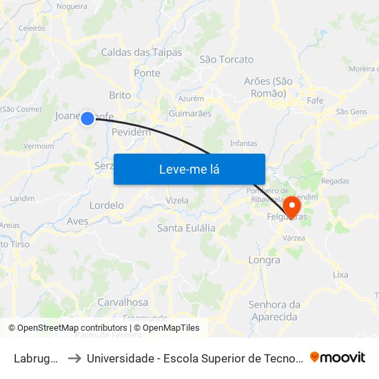 Labruge (Cruz.) to Universidade - Escola Superior de Tecnologia e Gestão de Felgueiras map