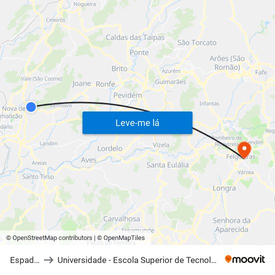 Espadaneira to Universidade - Escola Superior de Tecnologia e Gestão de Felgueiras map