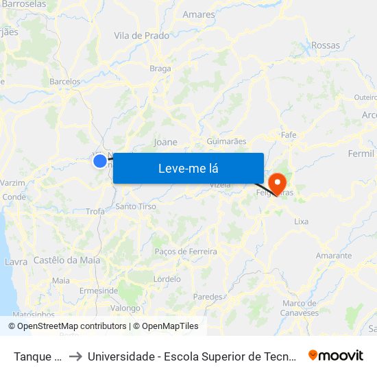 Tanque de Outiz to Universidade - Escola Superior de Tecnologia e Gestão de Felgueiras map