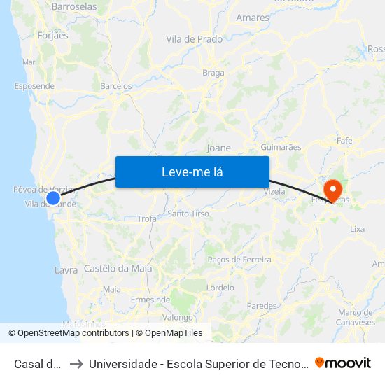 Casal do Monte to Universidade - Escola Superior de Tecnologia e Gestão de Felgueiras map