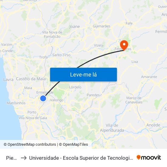 Piedade to Universidade - Escola Superior de Tecnologia e Gestão de Felgueiras map