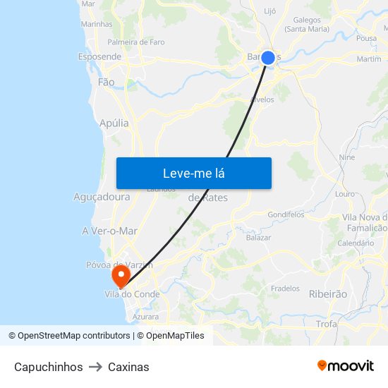 Capuchinhos to Caxinas map