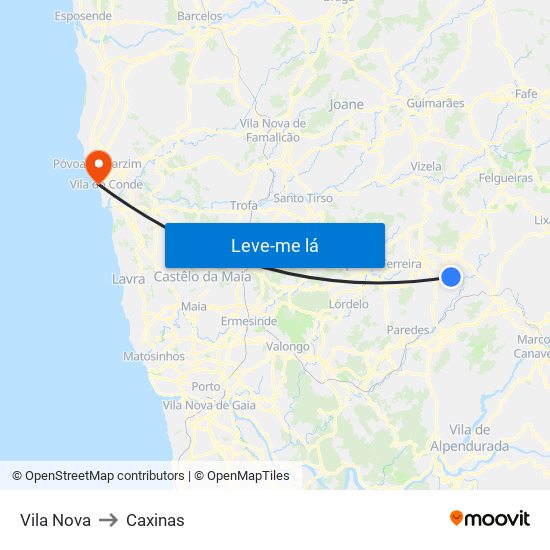 Vila Nova to Caxinas map