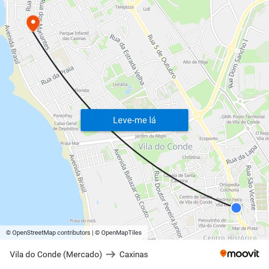 Vila do Conde (Mercado) to Caxinas map