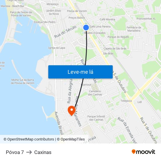 Póvoa 7 to Caxinas map