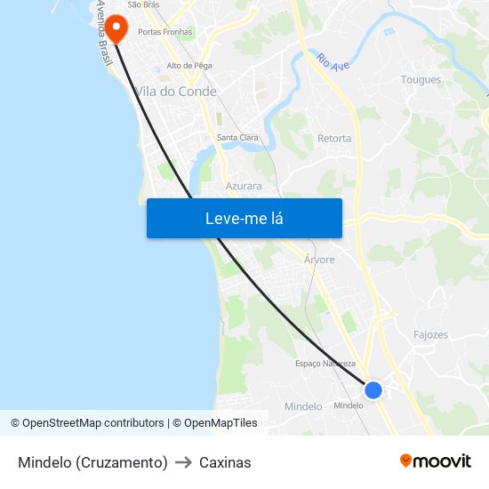 Mindelo (Cruzamento) to Caxinas map