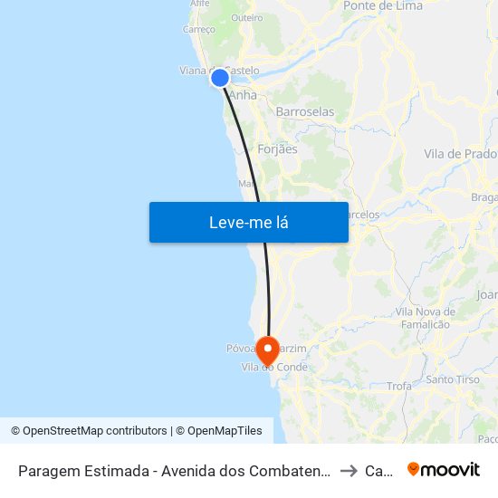 Paragem Estimada - Avenida dos Combatentes da Grande Guerra, 296 to Caxinas map