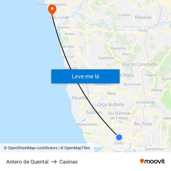 Antero de Quental to Caxinas map