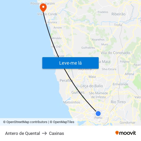 Antero de Quental to Caxinas map