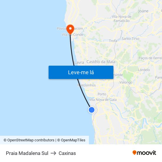Praia Madalena Sul to Caxinas map