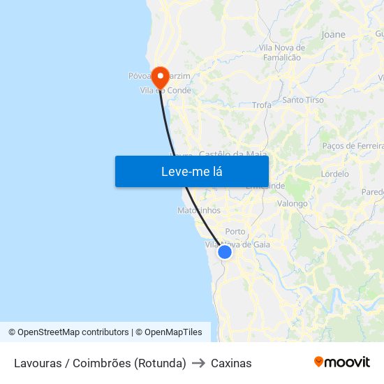 Lavouras / Coimbrões (Rotunda) to Caxinas map