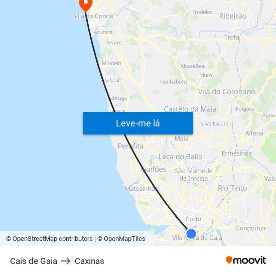 Cais de Gaia to Caxinas map