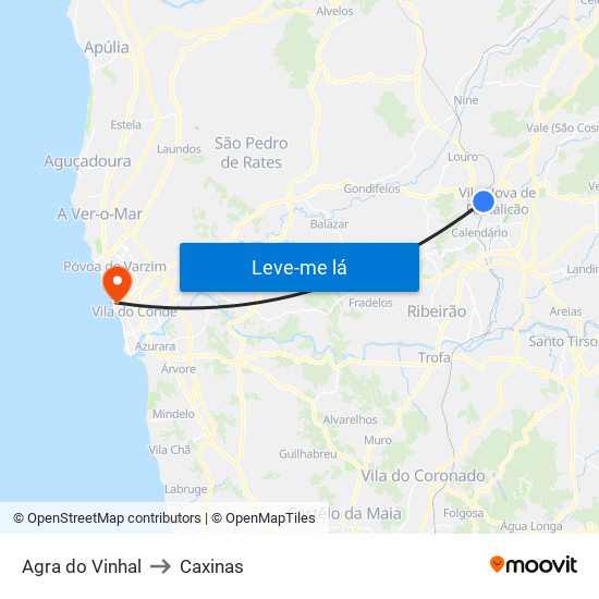 Agra do Vinhal to Caxinas map