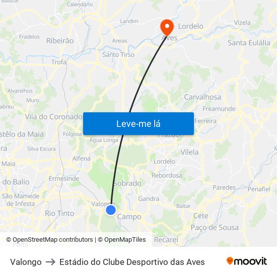 Valongo to Estádio do Clube Desportivo das Aves map