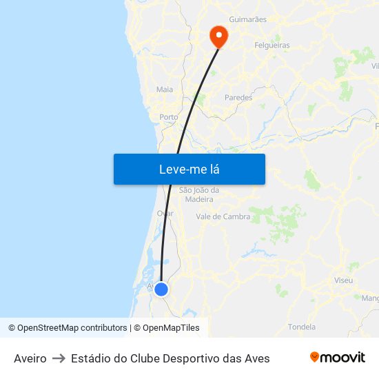 Aveiro to Estádio do Clube Desportivo das Aves map