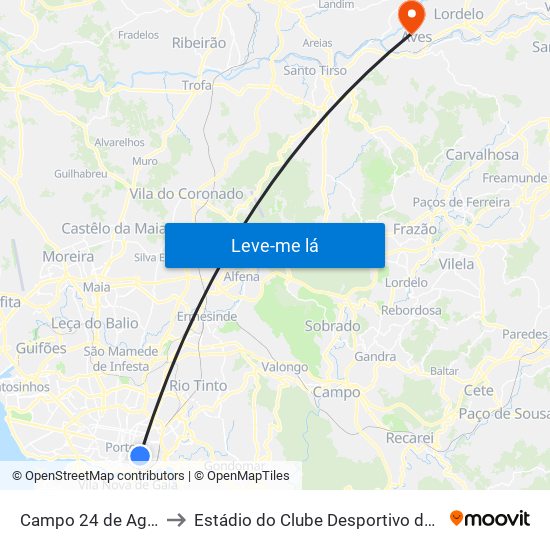 Campo 24 de Agosto to Estádio do Clube Desportivo das Aves map