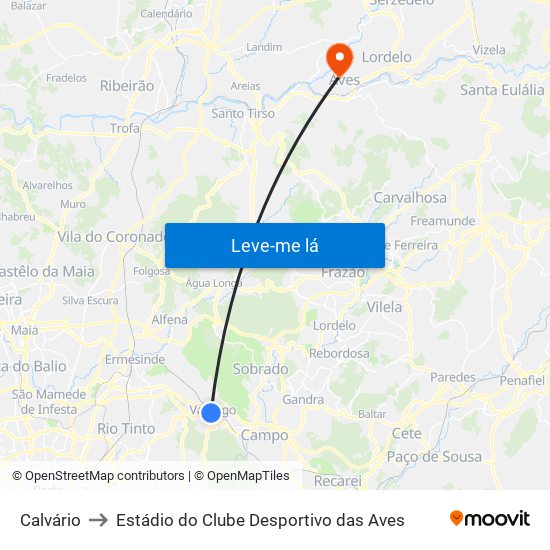 Calvário to Estádio do Clube Desportivo das Aves map