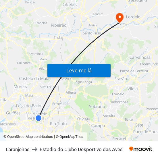 Laranjeiras to Estádio do Clube Desportivo das Aves map