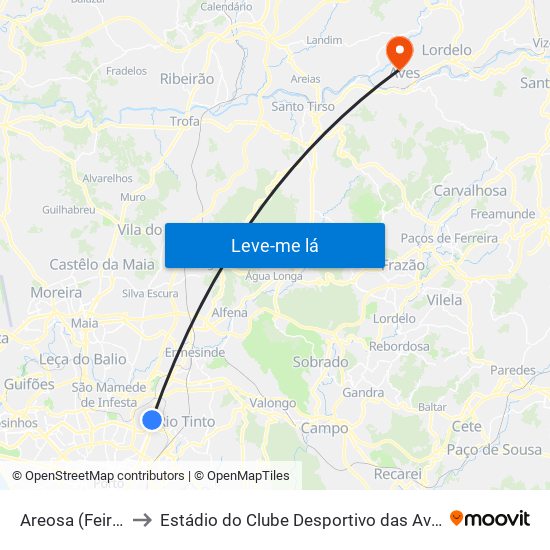 Areosa (Feira) to Estádio do Clube Desportivo das Aves map