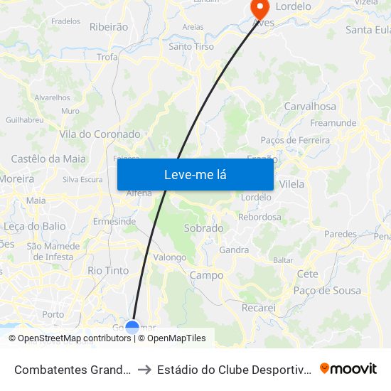 Combatentes Grande Guerra to Estádio do Clube Desportivo das Aves map