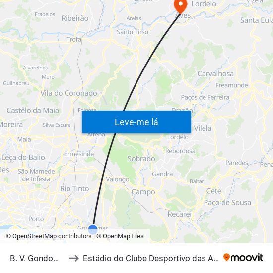 B. V. Gondomar to Estádio do Clube Desportivo das Aves map