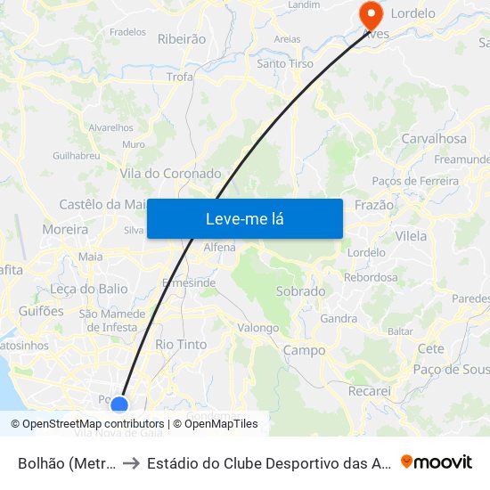 Bolhão (Metro) to Estádio do Clube Desportivo das Aves map