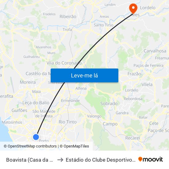 Boavista (Casa da Música) to Estádio do Clube Desportivo das Aves map