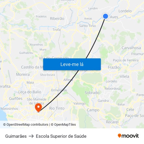 Guimarães to Escola Superior de Saúde map