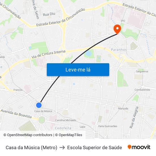 Casa da Música (Metro) to Escola Superior de Saúde map
