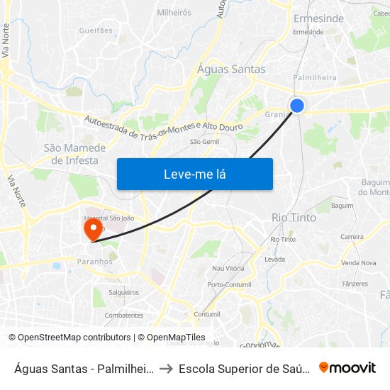 Águas Santas - Palmilheira to Escola Superior de Saúde map