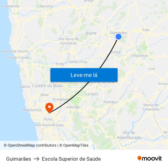 Guimarães to Escola Superior de Saúde map