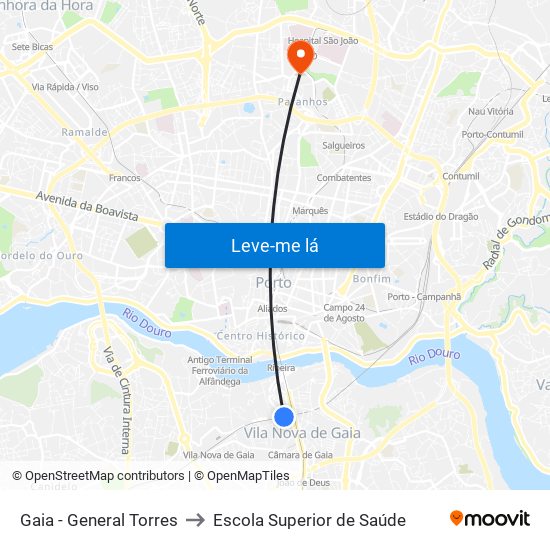 Gaia - General Torres to Escola Superior de Saúde map