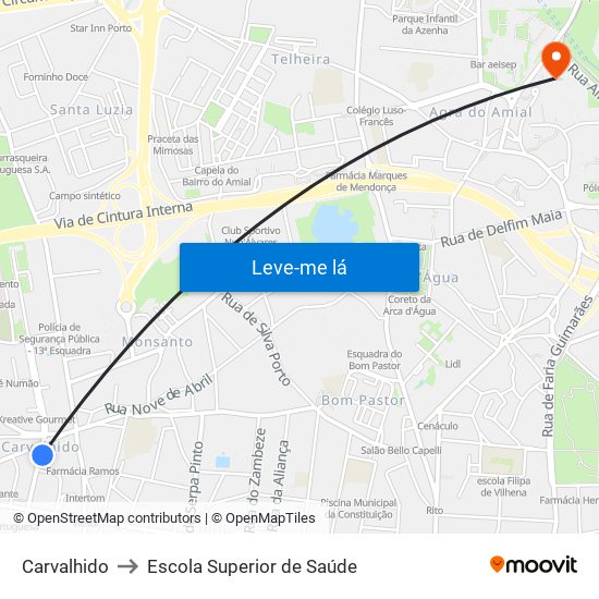 Carvalhido to Escola Superior de Saúde map