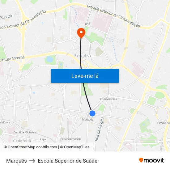 Marquês to Escola Superior de Saúde map