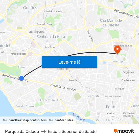 Parque da Cidade to Escola Superior de Saúde map